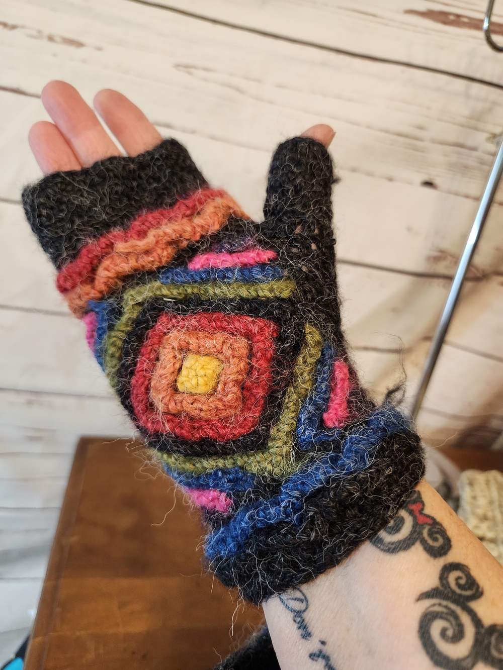 Colorful Multicolor Fingerless Wool Mittens - Black Base